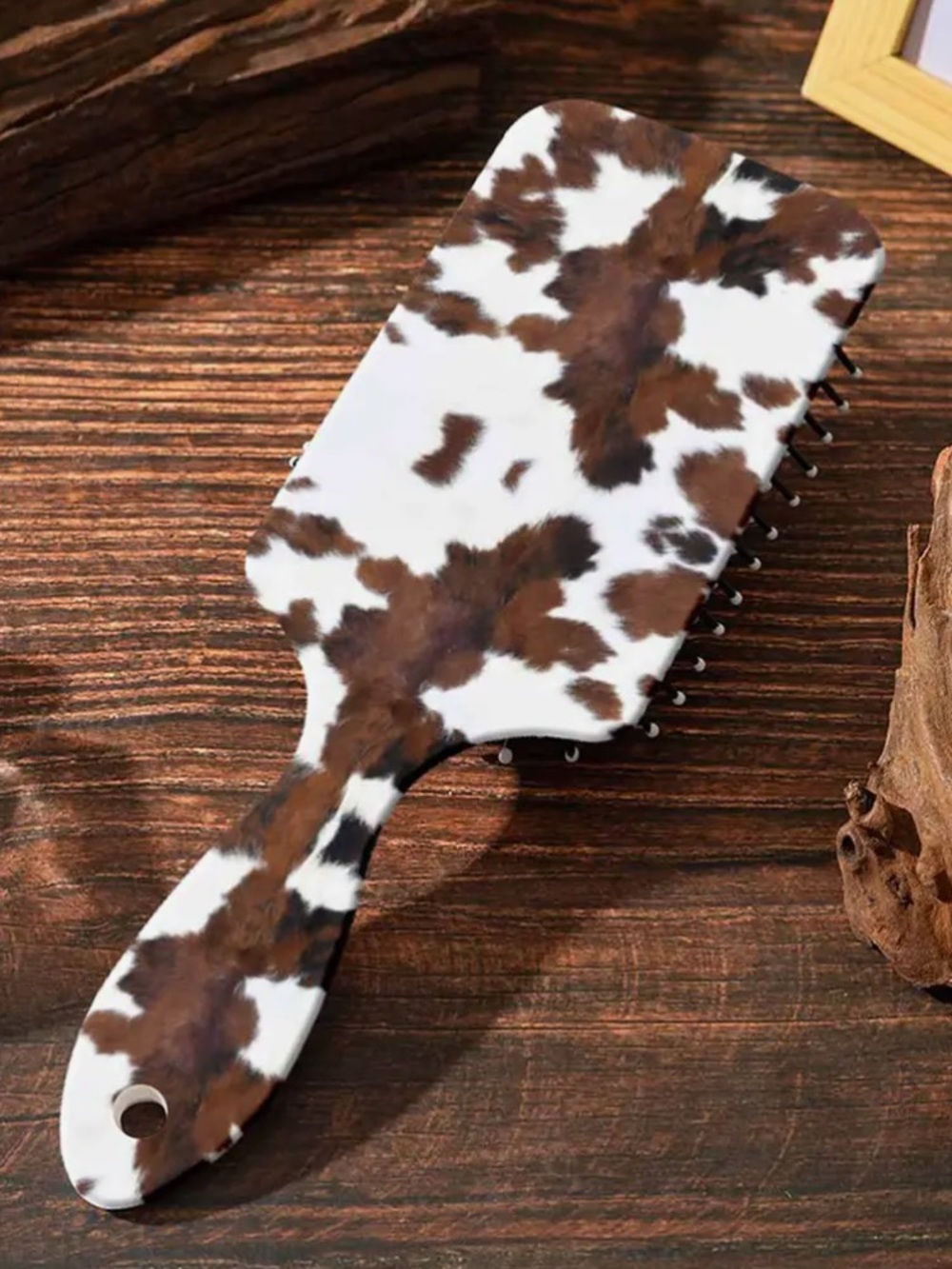 Cowhide Pattern Paddle Hair Brush - Brown & White